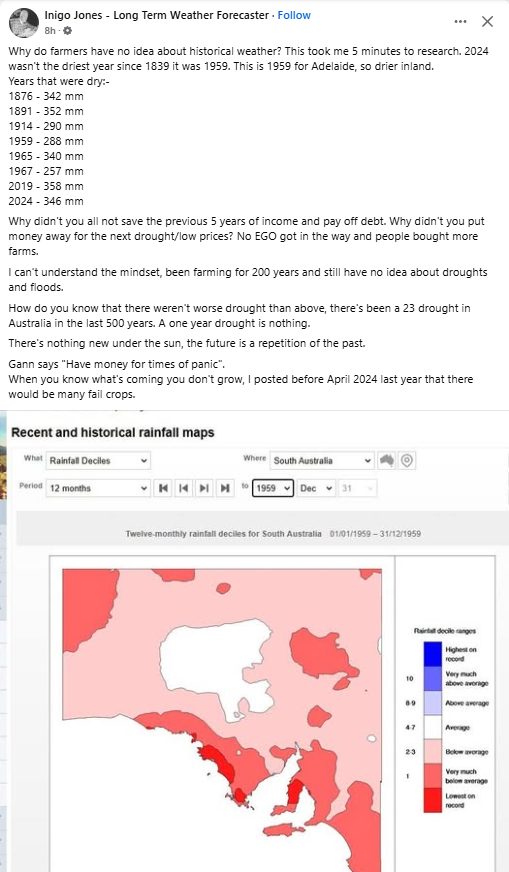 Are weather services the farmer equivalent to horoscopes for teenage girls?

It's amazing that charlatans like this David Burton suck money out of farmers, year after year.

He told everyone to sell everything before the "Great Depression of 2016".