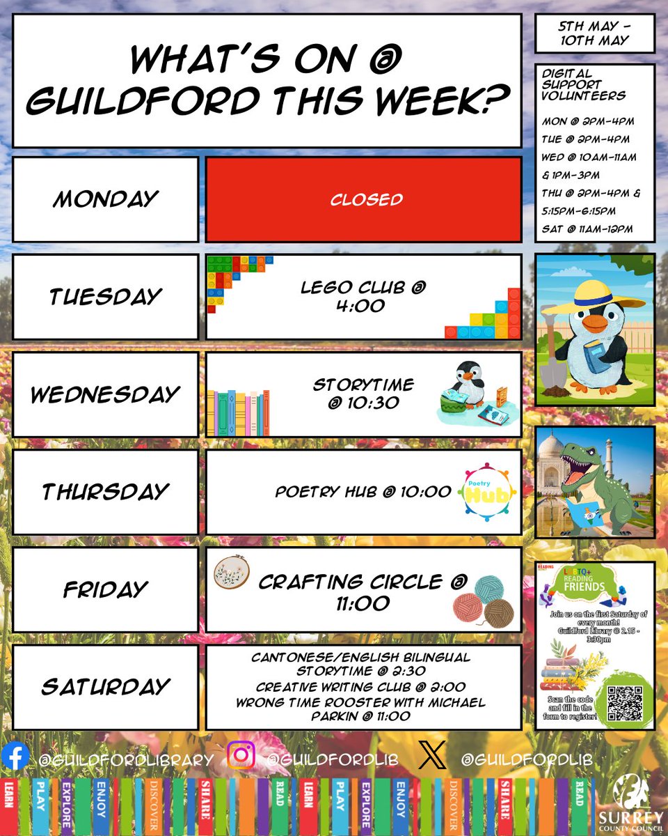 This Week!

Mon - Closed

Tue - Lego Club @ 4:00

Wed - Storytime @ 10:30

Thu - Poetry Hub @ 10:00

Fri - Crafting circle @ 2:00

Sat - Wrong time rooster with Michael Parkin @ 11:00, Bilingual Cantonese/English Storytime @ 2:15 &amp; Creative writing club @ 2:00