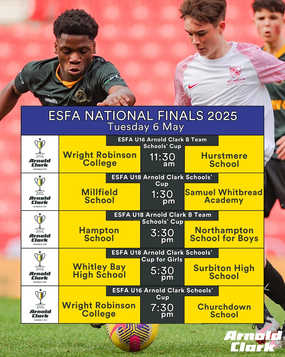 English Schools' Football Association (@schoolsfootball) on Twitter photo 💥ESFA National Finals💥
Day 3 of the ESFA National Finals starts at 11:30am
11:30 @College_wright v <a href="/HurstmereSchool/">Hurstmere School</a> <a href="/HurstmerePE/">Hurstmere PE</a>
13:30 <a href="/millfieldfoot/">Millfield Football</a> v @SAMWHITPE
15:30 <a href="/HamptonSchool/">Hampton School</a> v <a href="/NSBSport/">NSB Sport</a>
17:30 <a href="/whitleybayhigh/">Whitley Bay High Sch</a> v <a href="/SportsSHS/">SHS || Sport</a>
19:30 @College_wright v Churchdown School 💥ESFA National Finals💥
Day 3 of the ESFA National Finals starts at 11:30am
11:30 @College_wright v <a href="/HurstmereSchool/">Hurstmere School</a> <a href="/HurstmerePE/">Hurstmere PE</a>
13:30 <a href="/millfieldfoot/">Millfield Football</a> v @SAMWHITPE
15:30 <a href="/HamptonSchool/">Hampton School</a> v <a href="/NSBSport/">NSB Sport</a>
17:30 <a href="/whitleybayhigh/">Whitley Bay High Sch</a> v <a href="/SportsSHS/">SHS || Sport</a>
19:30 @College_wright v Churchdown School