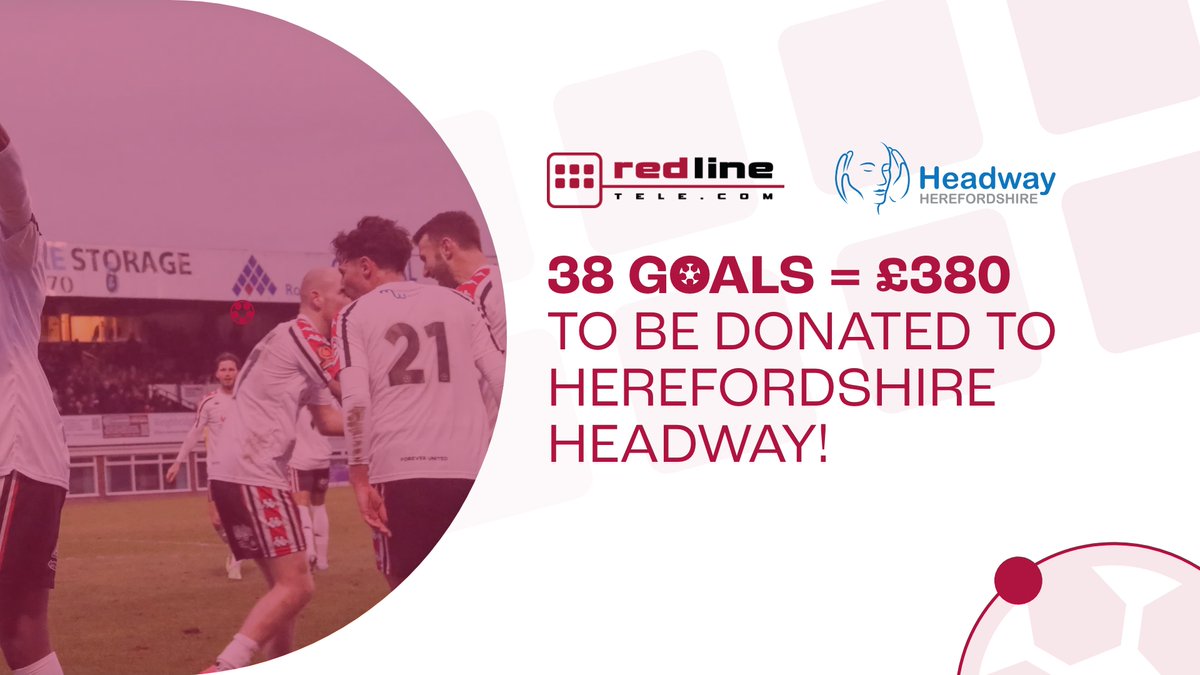🥅 ⚽️ FINAL CHARITY GOAL UPDATE ⚽️ 🥅
After a fantastic season, Hereford FC scored a total of 38 goals at home, which means we've raised £380 for Herefordshire Headway! 🥳 
Thank you to the Hereford FC team for your amazing effort.
#RedlineTelecom