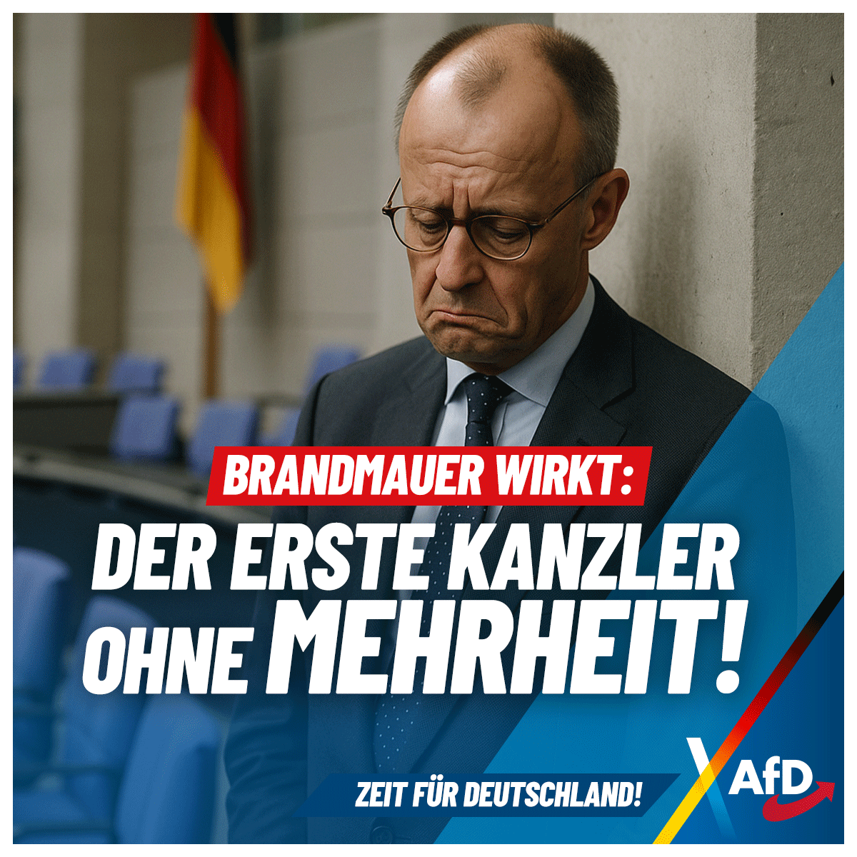 AfD's tweet photo. "Kanzler ohne Mehrheit": #Merz ist der erste Kanzler, der in der Geschichte der Bundesrepublik im ersten Wahlgang durchfiel. Einen zweiten Wahlgang wird es nach aktuellem Stand heute nicht mehr geben. https://t.co/ls2MkHVuhY
