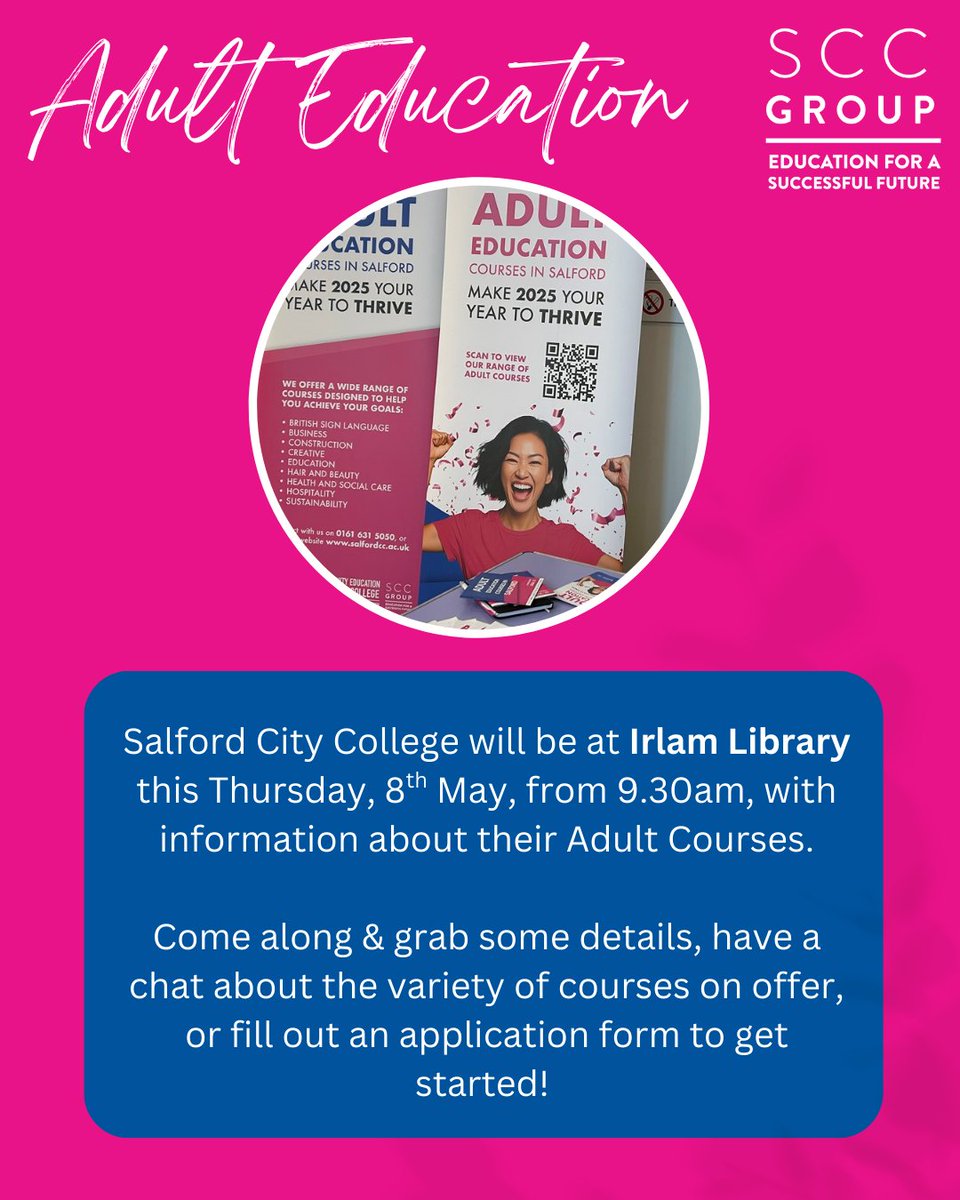 Salford City College Group (@salfordsccgroup) on Twitter photo Thinking about a new career or simply learning something new?
#Irlam #Salford #AdultEducation #AdultCourses
<a href="/IrlamCadNow/">Irlam Cadishead Now</a> <a href="/SalfordLibrary/">Salford Community Libraries</a>
<a href="/SalfordFDN/">Salford Foundation</a> <a href="/CEOSalfordFDN/">Phil East</a> <a href="/KarenSnape77/">Karen Snape</a>
<a href="/SalfordPagesUK/">SalfordPagesUK ๐ช๐บ๐บ๐ฆ</a> Thinking about a new career or simply learning something new?
#Irlam #Salford #AdultEducation #AdultCourses
<a href="/IrlamCadNow/">Irlam Cadishead Now</a> <a href="/SalfordLibrary/">Salford Community Libraries</a>
<a href="/SalfordFDN/">Salford Foundation</a> <a href="/CEOSalfordFDN/">Phil East</a> <a href="/KarenSnape77/">Karen Snape</a>
<a href="/SalfordPagesUK/">SalfordPagesUK ๐ช๐บ๐บ๐ฆ</a>