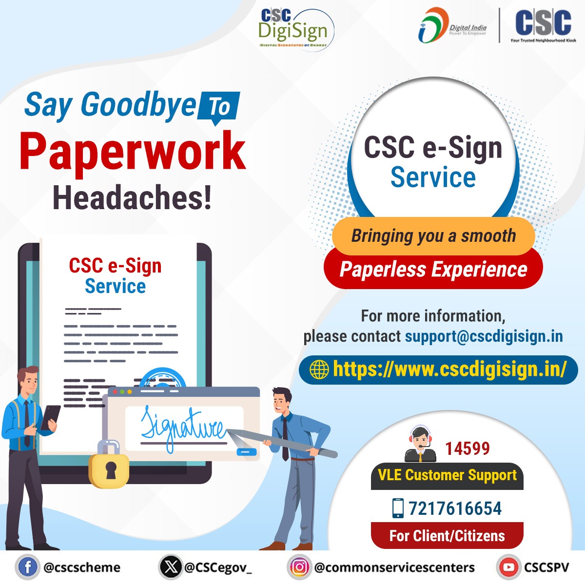 CSCegov_'s tweet image. Say goodbye to traditional paperwork stress &amp;amp; #GoDigital with #CSCeSign Service.

CSC eSign Service brings you a smooth #paperless experience.

To avail eSign Service, visit: cscdigisign.in

For more information, contact us at support@cscdigisign.in or call us at 14599…