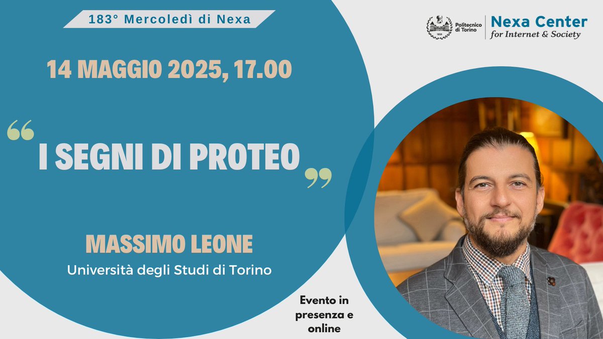 Nexa Center (@nexacenter) on Twitter photo 🗓Mercoledì 14 maggio, ore 17.00
183° #nexawednesday “I segni di Proteo”
👉Con Massimo Leone (<a href="/unito/">Università di Torino</a>)
ℹ️INFO: nexa.polito.it/mercoledi-183
#digitale #dati #cultura #segni #semiotica #IA #proteo 🗓Mercoledì 14 maggio, ore 17.00
183° #nexawednesday “I segni di Proteo”
👉Con Massimo Leone (<a href="/unito/">Università di Torino</a>)
ℹ️INFO: nexa.polito.it/mercoledi-183
#digitale #dati #cultura #segni #semiotica #IA #proteo