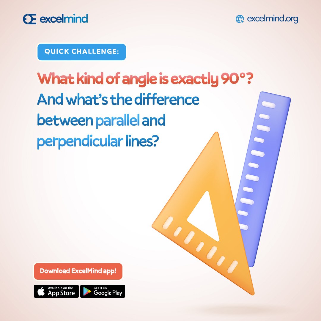 joinexcelmind's tweet image. What kind of angle is exactly 90°? 🤔

And... can you spot the difference between parallel and perpendicular lines? 🤷‍♀️

Hint: One involves no meeting at all, while the other loves to cross paths. 

Let’s see if your geometry skills are sharp! 

#BrainChallenge #ExcelMind