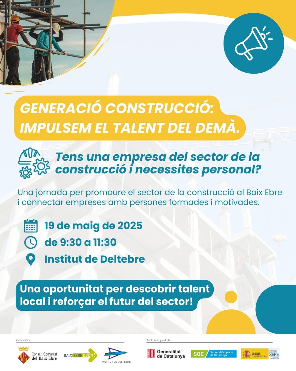 📣 Tens una empresa del sector de la construcció i busques talent?
Vine a la jornada GENERACIÓ CONSTRUCCIÓ!

🗓 19/05 | ⏰ 9.30h | 📍 Institut de Deltebre
Promovem el sector i connectem empreses amb futur professional.
🔗 Inscripcions: forms.office.com/e/Y6EJz5hkJB

#BaixEbreAvant
