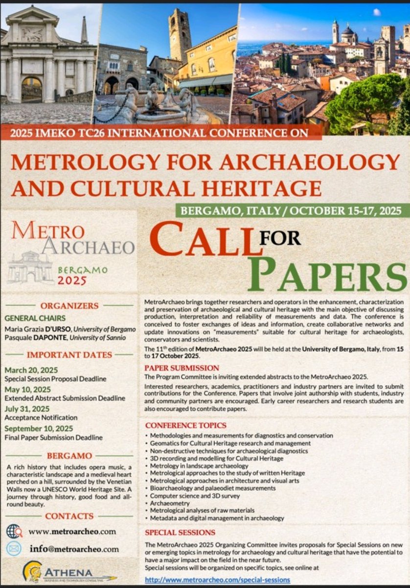 #call_for_abstract, scadenza #10maggio

IMEKO MetroArchaeo #Bergamo 2025, sessione scientifica #8: “Integrated Methods, Theories And Applications For Structural Health Monitoring And Assessment Of Ancient Constructions" 

metroarcheo.com/special-sessio…

#cnr #cnr_igag #icnr_igag_rischi