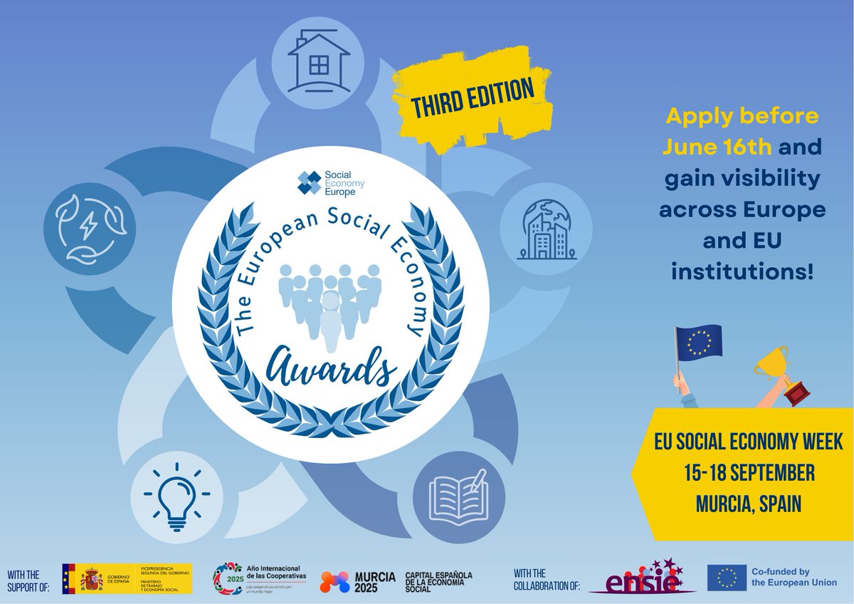 📣 #WISEs, don’t miss out! 
🙌Apply for the #SocialEconomyAwards 2025 by 16 June and get EU-wide visibility!
🌱 ENSIE supports the “Innovation in WISEs” category – spotlighting impactful practices.
🏆 Winners announced at #EUSocialEconomyWeek in Murcia!
🔗 bit.ly/3RhNE6k