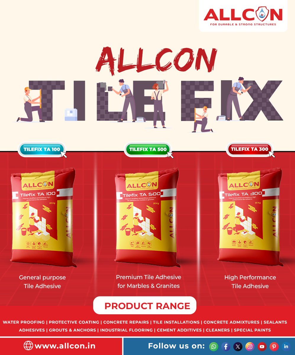 AllconD31644's tweet photo. ⭕ALLCON TILEFIX TA 100: Polymer Modified Cementitious general purpose tile adhesive.
⭕ALLCON TILEFIX TA 300 : Polymer Modiﬁed cementitious high performance tile adhesive.
⭕ALLCON TILEFIX TA 500 : Polymer Modiﬁed Cementitious Premium Tile Adhesive for Marbles &amp; Granites. https://t.co/XR8cPGM2wh