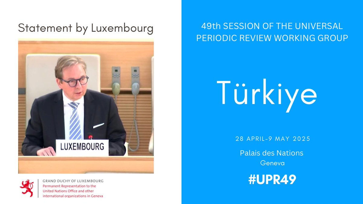 #Luxembourg🇱🇺 #UPR49 recommendations to #Türkiye🇹🇷:
1️⃣Ratify the Rome Statute
2️⃣End impunity for hate crimes including GBV &amp; anti-LGBTQI+ violence
3️⃣Ensure judicial independence
4️⃣Ensure peaceful exercise of freedom of association does not lead to prosecutions