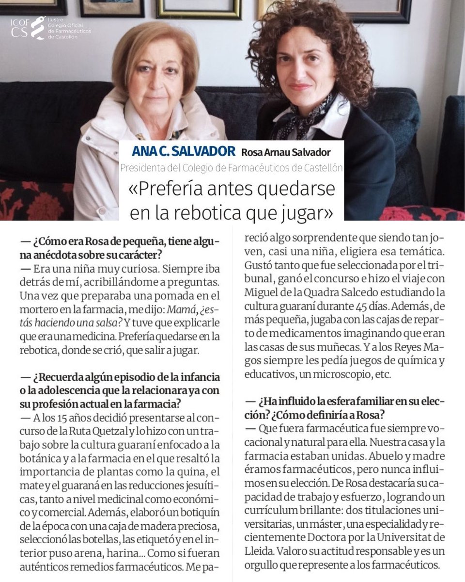 ICOFCS Castellón (@icofcastellon) on Twitter photo 🗞️Por el Día de la Madre, el <a href="/epmediterraneo/">El Periódico Mediterráneo</a> ha publicado un artículo, y una de las protagonistas ha sido Ana Concepción Salvador, la madre de nuestra presidenta, <a href="/rosa78arnau/">Rosa Arnau</a>.
💜Desde el #ICOFCS, nos llena de orgullo ver cómo la pasión por la farmacia se transmiten en familia. 🗞️Por el Día de la Madre, el <a href="/epmediterraneo/">El Periódico Mediterráneo</a> ha publicado un artículo, y una de las protagonistas ha sido Ana Concepción Salvador, la madre de nuestra presidenta, <a href="/rosa78arnau/">Rosa Arnau</a>.
💜Desde el #ICOFCS, nos llena de orgullo ver cómo la pasión por la farmacia se transmiten en familia.