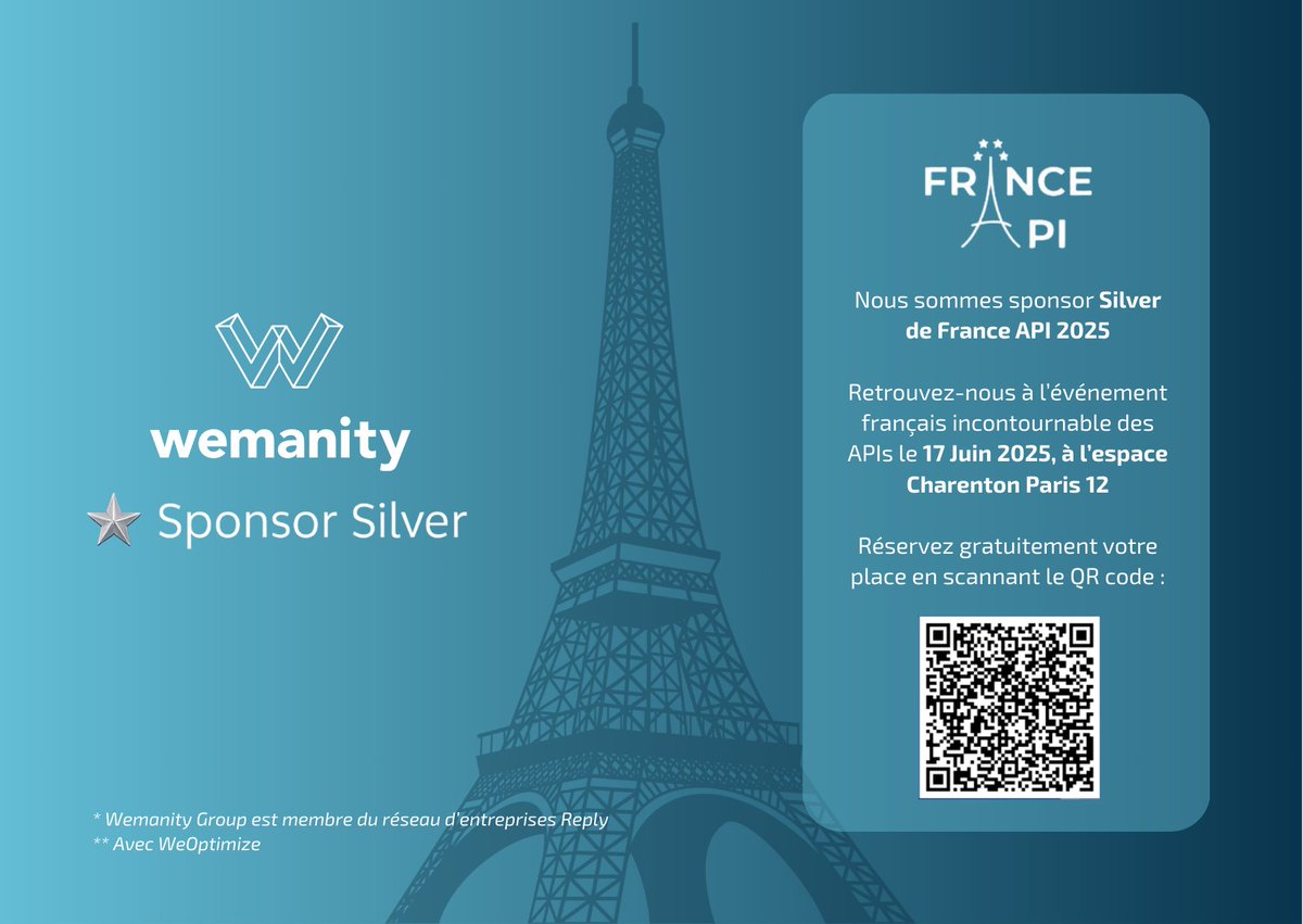 🚨 Save the date : 17 juin 2025 à Paris !
Wemanity sera au #FranceAPI2025 aux côtés de 550+ experts pour parler #API, gouvernance &amp; innovation 💡

📍 Passez sur notre stand !

🔗 franceapi.fr/index.php/insc…
#TechForBusiness #DigitalTransformation