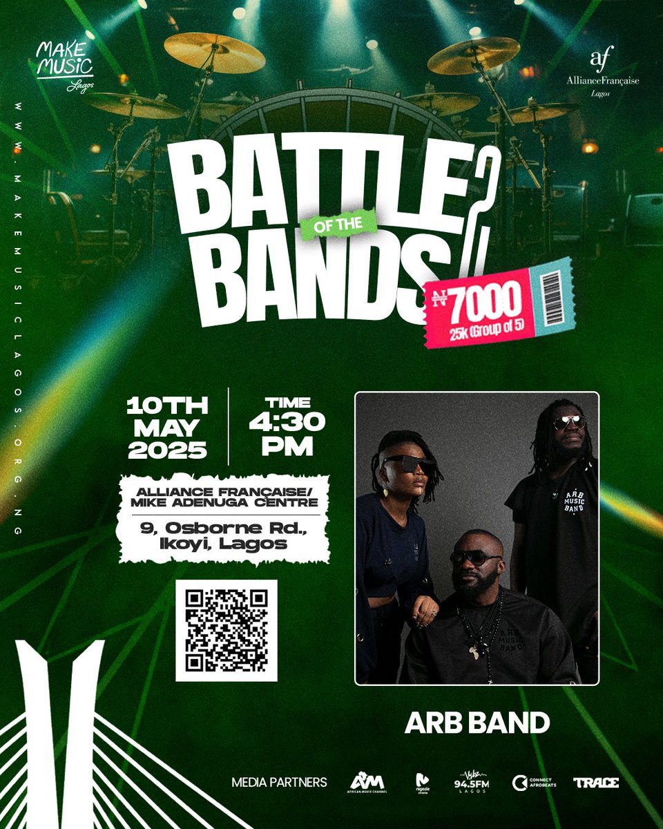 ARBmusicband (@arbmusicband) on Twitter photo We’re so excited to be part of the <a href="/MakeMusicLagos/">#MakeMusicLagos</a> Battle of the Bands!
ARB is going band for band (or aura for aura) on May 10th at <a href="/AF_Lagos/">Alliance Française de Lagos</a>
Tickets: 7k solo / 25k for 5.
Pull up, show love. We need our people there!
#ARBmusicband #MakeMusicLagos #BattleOfTheBands We’re so excited to be part of the <a href="/MakeMusicLagos/">#MakeMusicLagos</a> Battle of the Bands!
ARB is going band for band (or aura for aura) on May 10th at <a href="/AF_Lagos/">Alliance Française de Lagos</a>
Tickets: 7k solo / 25k for 5.
Pull up, show love. We need our people there!
#ARBmusicband #MakeMusicLagos #BattleOfTheBands