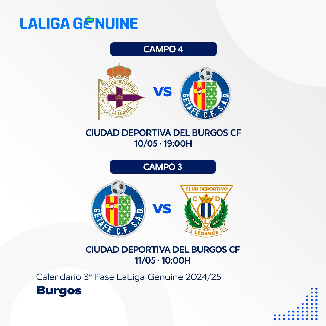 ¡Por fin ha llegado la semana que tanto esperábamos! 🤩

Este fin de semana se disputa la Fase 3 de #LaLigaGenuine en Burgos ⚽️

Así serán los enfrentamientos de nuestro #GetaGenuine 👇🗓️

#CompartirAntesQueCompetir