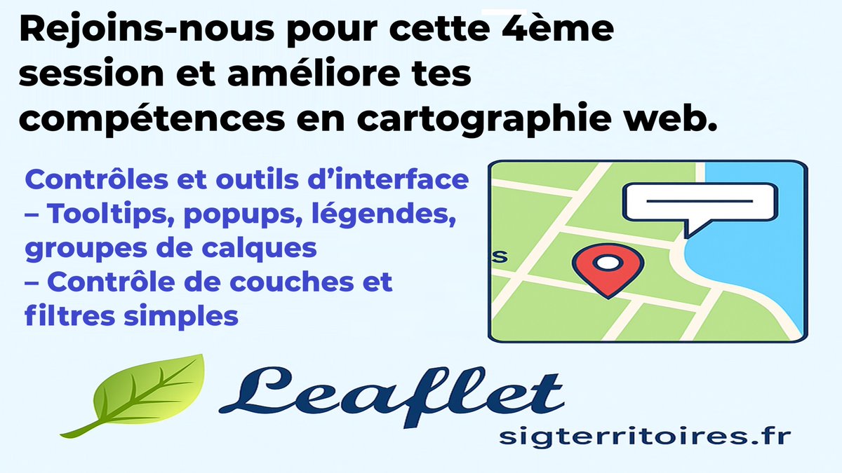 Rejoins-nous pour cette 4ème session et améliore tes compétences en cartographie web.
Contrôles et interface 
–personnalisation des marqueurs,des formes vectorielles,styles
- échelle,zoom,boutons
-mini-carte:installation et utilisation du plugin minimap
shorturl.at/TlsmU