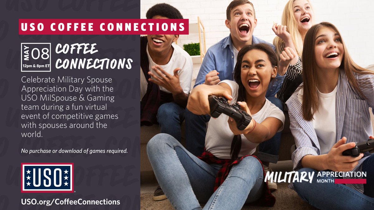 Calling all military spouses! Join us for a fun-filled Game Night with the USO! 

You bring the competitive spirit — we’ll bring the fun!

📍May 8 @ 12:00 US ET | register.uso.org/4111BMB7/4a3IQ…
📍May 8 @ 20:00 US ET | register.uso.org/4111BMB7/4a3IQ…