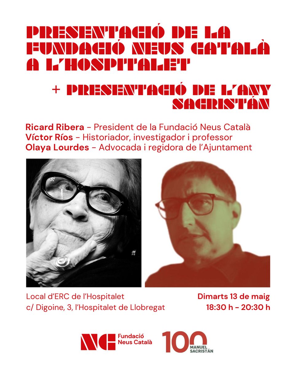 Neus Català (@neuscatala_fun) on Twitter photo 🚩 Recordeu la nostra petita gira? Doncs ull, perquè continua i arribem a L'Hospitalet!
📅 13/05
🕡 18:30 - 20:30 h
📍 Local d'ERC de L'Hospitalet
🗣️ <a href="/RicardRibera/">Ricard Ribera Llorens</a>, <a href="/olayalourdes/">Olaya Lourdes L'H</a> i Víctor Ríos
💭 Presentarem la Fundació i els continguts principals de l'Any Sacristán! 🚩 Recordeu la nostra petita gira? Doncs ull, perquè continua i arribem a L'Hospitalet!
📅 13/05
🕡 18:30 - 20:30 h
📍 Local d'ERC de L'Hospitalet
🗣️ <a href="/RicardRibera/">Ricard Ribera Llorens</a>, <a href="/olayalourdes/">Olaya Lourdes L'H</a> i Víctor Ríos
💭 Presentarem la Fundació i els continguts principals de l'Any Sacristán!