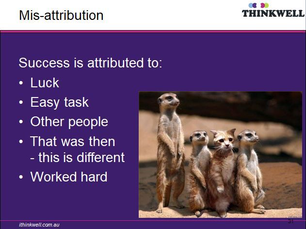 Mis-attribution: We attribute our success to: 
- good luck 
- the job was easy 
- other people 
- hard work as opposed to ability 
#Impostersyndrome #PhDforum #EMCRforum #research
From the book: buff.ly/2m9RArr