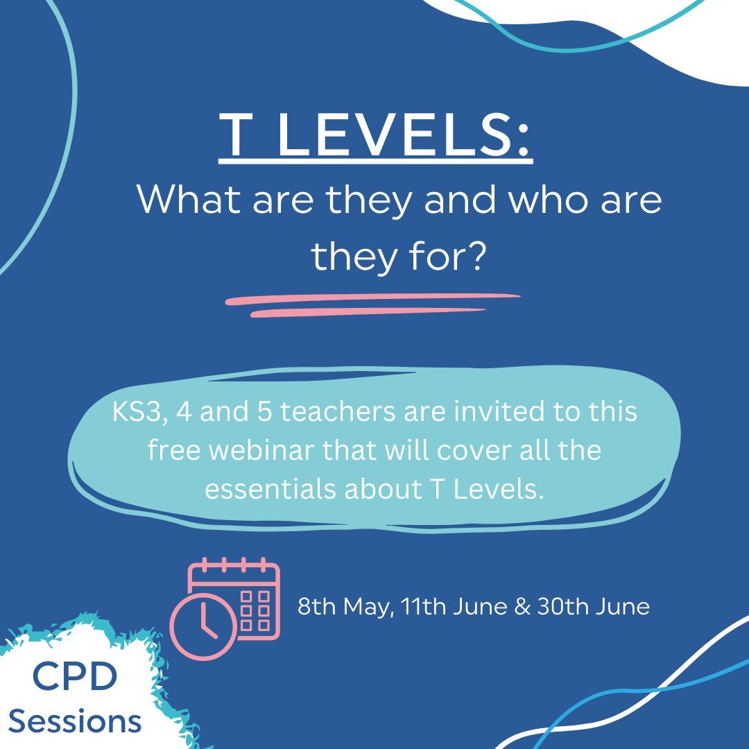 KS3, 4 and 5 teachers are invited to attend this free webinar hosted by the Education and Training Foundation looking at all things T Levels! Learn more about the structure, content, delivery and their timeline of implementation.
nextstepssw.ac.uk/events-and-act…
#Tlevels #post16 #cpd