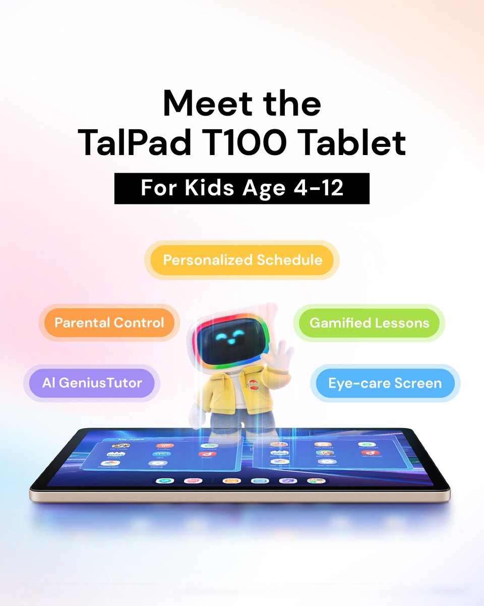 talpad_us's tweet photo. Meet the TalPad T100 Tablet 
🤖 AI GeniusTutor make learning smarter and grow confidence
✨ Gamified lessons keep them engaged
👁️ Eye-care screen protects growing eyes
📅 Personalized schedules &amp; full parental controls give you peace of mind

#talpad #newlaunch #preschool https://t.co/YLQnjpWdOc
