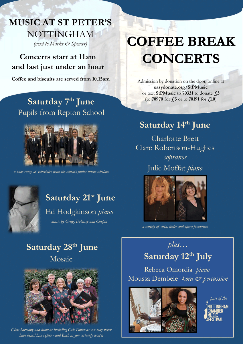 St Peter & All Saints Nottingham (@nottmchurches) on Twitter photo Come and enjoy one of our popular FREE concerts, followed by a visit to our Coffee Room!
<a href="/diocswellnott/">The Diocese of Southwell & Nottingham</a> <a href="/DeaneriesNottm/">Nottingham Deaneries</a> <a href="/Nottchamberfest/">Nottingham Chamber Music Festival</a> <a href="/NottinghamTIC/">Nottingham Tourism Centre</a> <a href="/ReptonMusic/">Repton Music</a> Come and enjoy one of our popular FREE concerts, followed by a visit to our Coffee Room!
<a href="/diocswellnott/">The Diocese of Southwell & Nottingham</a> <a href="/DeaneriesNottm/">Nottingham Deaneries</a> <a href="/Nottchamberfest/">Nottingham Chamber Music Festival</a> <a href="/NottinghamTIC/">Nottingham Tourism Centre</a> <a href="/ReptonMusic/">Repton Music</a>