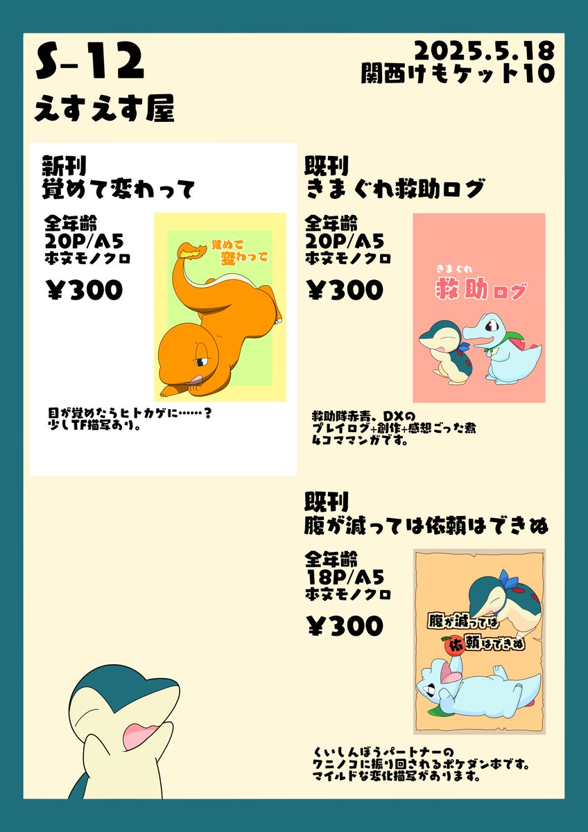 関西けもケット10の新刊サンプルとお品書きです。新刊と既刊合わせて3作頒布予定です。既刊の「腹が減っては～」は在庫10部くらいなのでご承知おきを！ 【S-12】えすえす屋にてお待ちしてます！