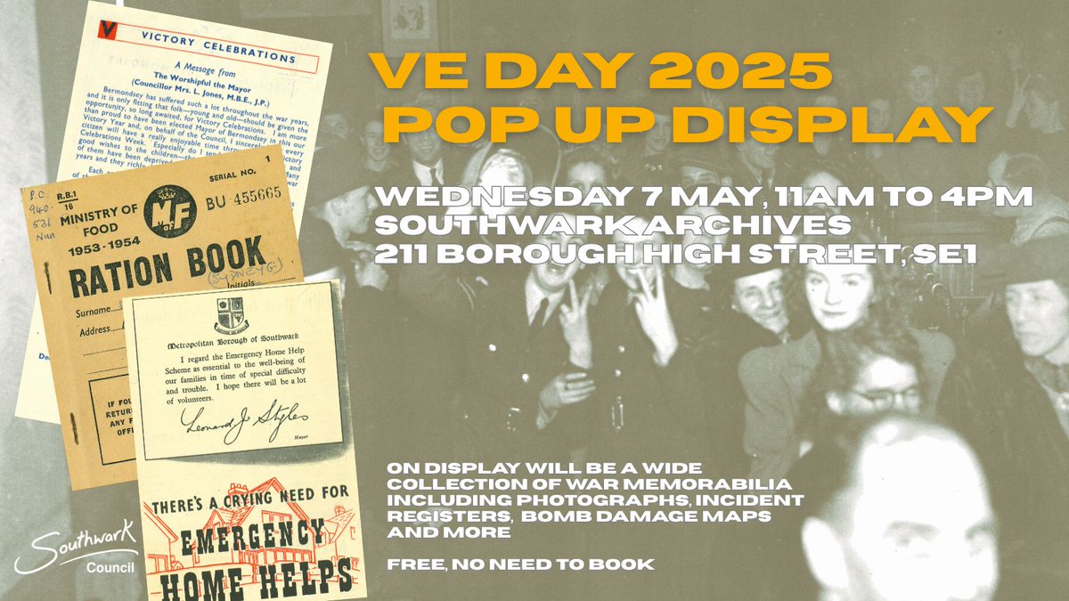 Southwark Archives will host a VE Day anniversary display tomorrow (7 May) from 11am

There will be a collection of memorabilia including photographs, incident registers, bomb damage maps and more

Free entry, no need to book

Southwark Archives, 211 Borough High Street, SE1