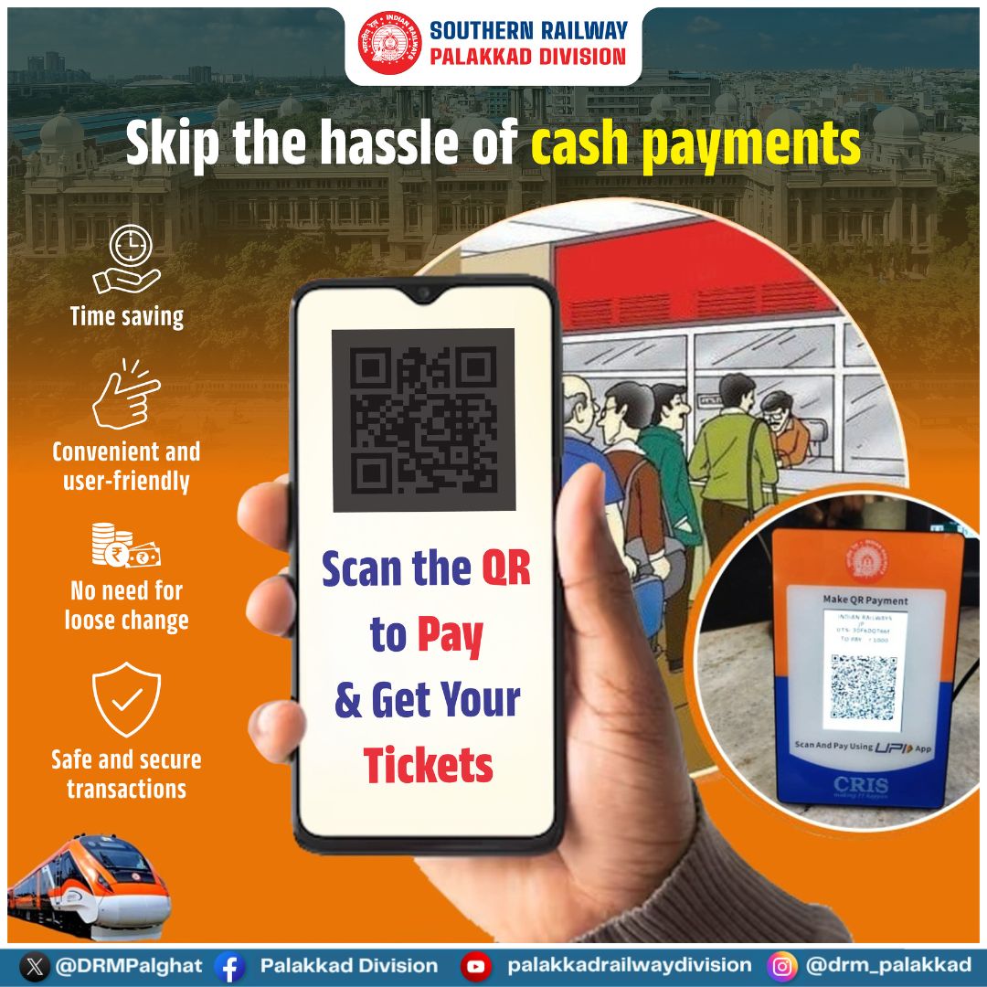 DRMPalghat's tweet photo. Tap, Scan, Go! QR payments making your railway journey seamless and hassle-free!

#IndianRailways
#southernrailway
#TuesdayDigital
#UTSApp
#TravelSmart
#TravelAwareness
#DigitalTicket https://t.co/6Ziej7mUW7