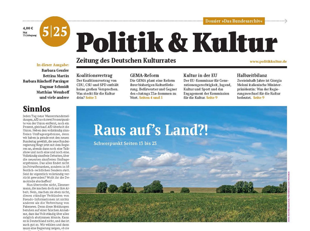 Politik & Kultur (@pukzeitung) on Twitter photo Raus aufs Land?! Der Schwerpunkt der Mai-Ausgabe von <a href="/pukzeitung/">Politik & Kultur</a> zeigt, wie Kunst außerhalb der Städte funktioniert – von Künstlerdörfern über Kunstkonsum bis zu Förderprogrammen. Jetzt lesen --> politikkultur.de/schwerpunkte/k… Raus aufs Land?! Der Schwerpunkt der Mai-Ausgabe von <a href="/pukzeitung/">Politik & Kultur</a> zeigt, wie Kunst außerhalb der Städte funktioniert – von Künstlerdörfern über Kunstkonsum bis zu Förderprogrammen. Jetzt lesen --> politikkultur.de/schwerpunkte/k…