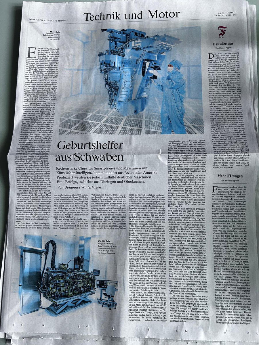 „Fast paradox scheint es, dass die modernsten Halbleiter der Welt, egal ob sie aus Taiwan oder den Vereinigten Staaten stammen, nur mit der Technik zweier deutscher Unternehmen gebaut werden können. 100 Prozent beträgt der Welt Marktanteil von <a href="/TRUMPF_News/">TRUMPF</a> und Zeiss an den