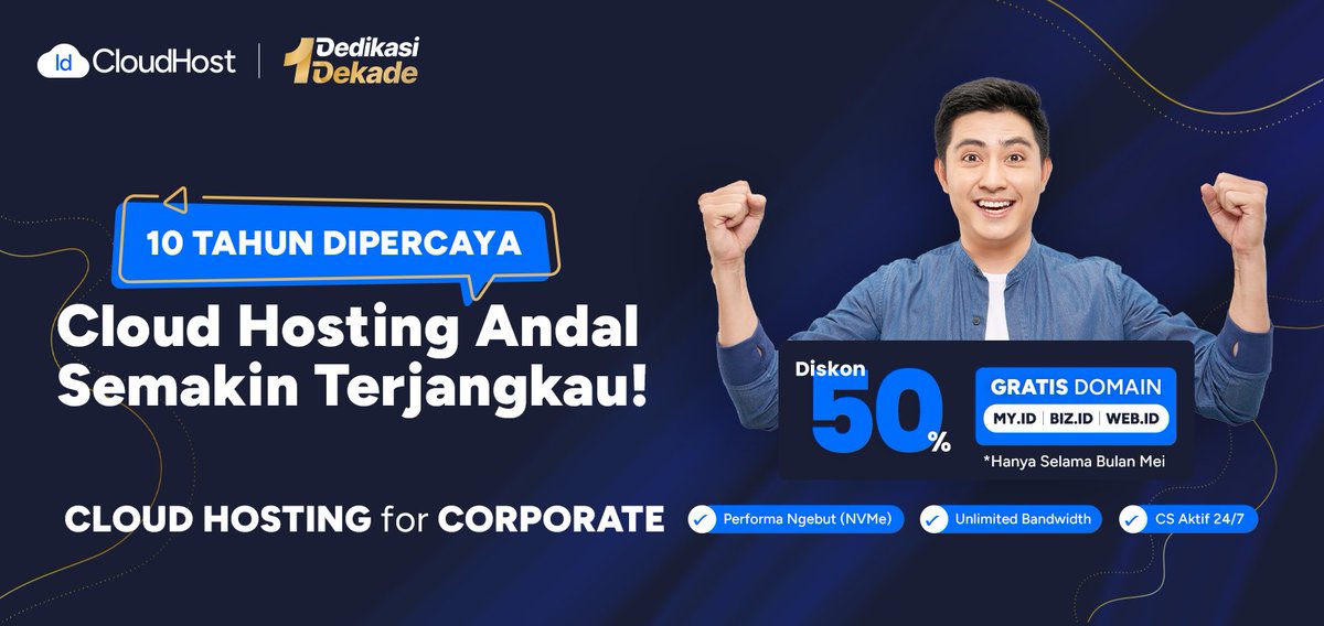 sadiskon's tweet image. Ultah IDCloudHost ke-10! 🎉 Diskon 50% hosting + GRATIS domain .id! 🚀 NVMe, bandwidth unlimited, harga ramah kantong.  Promo Mei!  #IDCloudHost #DiskonHosting #GratisDomain #HostingMurah  sadiskon.com/promo/idcloudh…