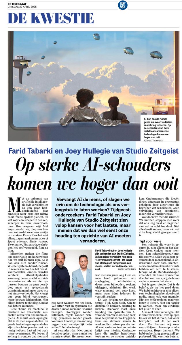 'Vervangt AI de mens, of slagen we erin om de technologie als ons verlengstuk te laten werken? Tijdgeestonderzoekers <a href="/faridtabarki/">Farid Tabarki</a> en <a href="/jhullegie/">Joey Hullegie</a> zien volop kansen voor het laatste, maar menen dat we dan wel eerst onze houding ten opzichte van AI moeten veranderen.' <a href="/telegraaf/">De Telegraaf</a> 🤗