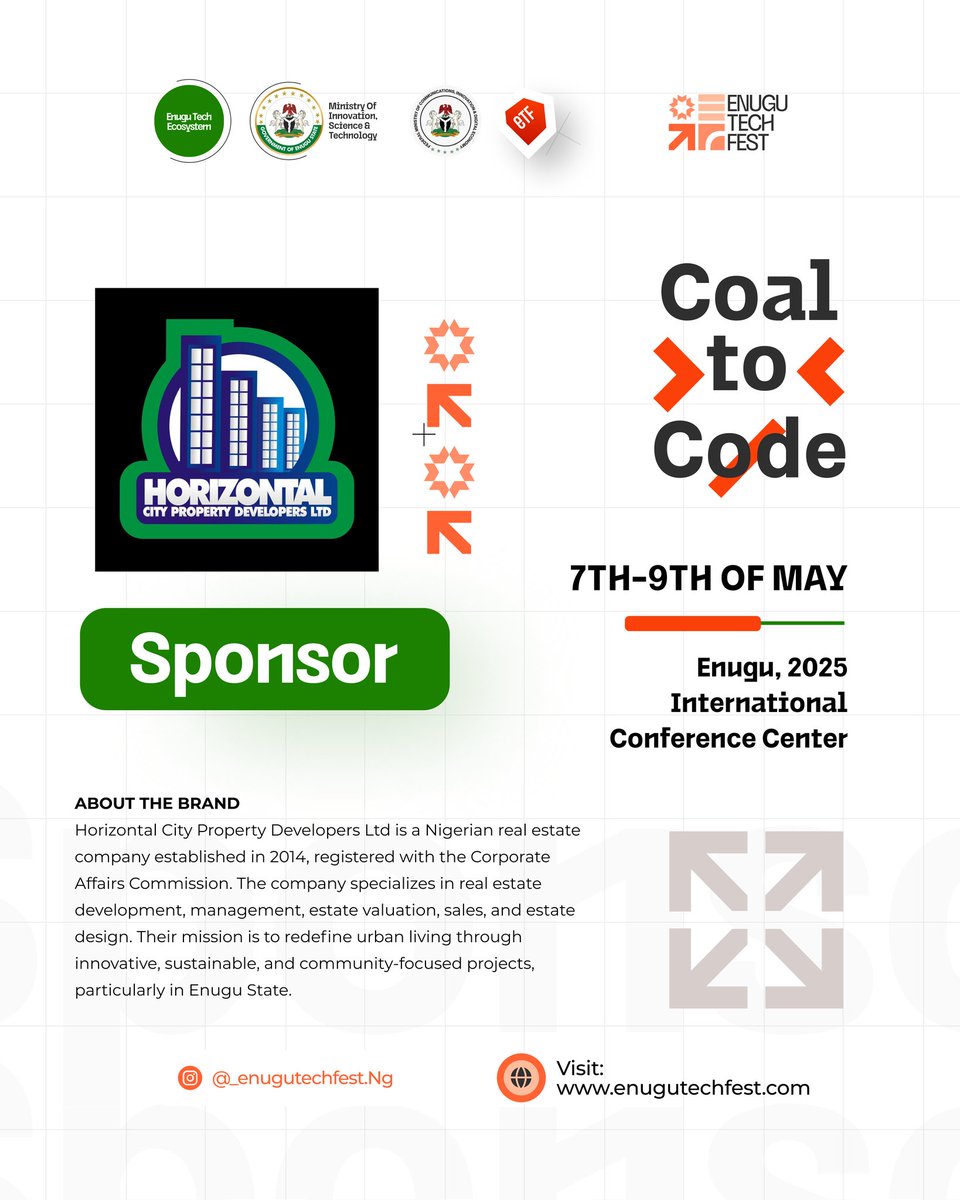 Enugu_techfest's tweet image. We are proud to announce one of our esteemed sponsors Horizontal City Property Developer LTD.

Their support helps us bring you an unforgettable experience. Thank you for believing in us!

#etf2025 #coaltocode