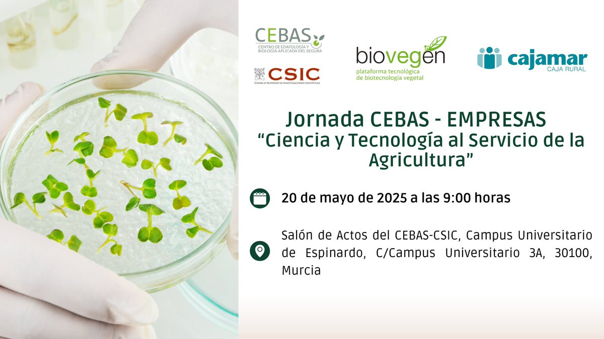 biovegen's tweet image. ¡Inscríbete ya a la jornada CEBAS-EMPRESAS: Ciencia y Tecnología al Servicio de la Agricultura!🌱🔬🧪
📅 20 mayo | 📍 Murcia
Ciencia, empresa e innovación para impulsar el agro español🧬🌾
Información y registro aquí 👇 biovegen.org/eventos/jornad…