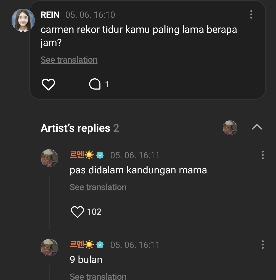 Hearts2Hearts Indonesia (@h2h_ina) on Twitter photo 250506 #CARMEN weverse comment
👤: carmen rekor tidur kamu paling lama berapa jam?
🌴: 9 bulan
🌴: pas didalam kandungan mama
#Hearts2Hearts #하츠투하츠 #H2H
<a href="/Hearts2Hearts/">Hearts2Hearts</a> 250506 #CARMEN weverse comment
👤: carmen rekor tidur kamu paling lama berapa jam?
🌴: 9 bulan
🌴: pas didalam kandungan mama
#Hearts2Hearts #하츠투하츠 #H2H
<a href="/Hearts2Hearts/">Hearts2Hearts</a>