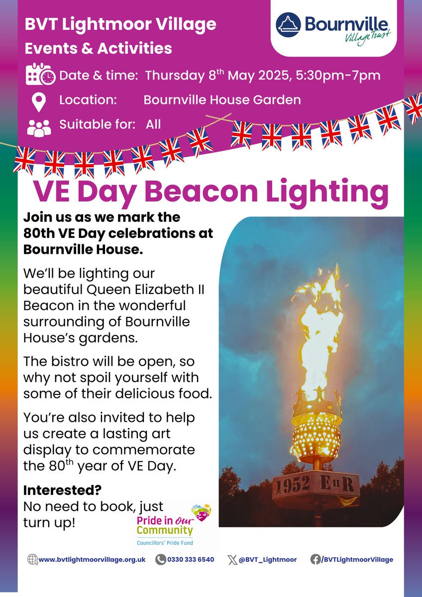 Join us this Thursday as we mark the 80th anniversary of VE day with the lighting of our Queen Elizabeth II beacon bvtlightmoorvillage.org.uk/events/2025/5/…