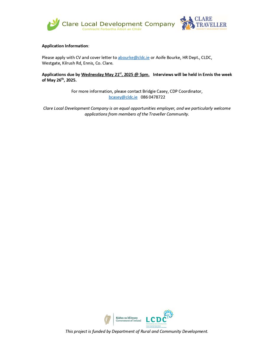 Clare Local Development Company are #hiring a Project Administrator to ensure Clare Traveller Community Development Project has all necessary to become an independent Traveller Community Development Project. 
Read more and apply: activelink.ie/vacancies/comm…