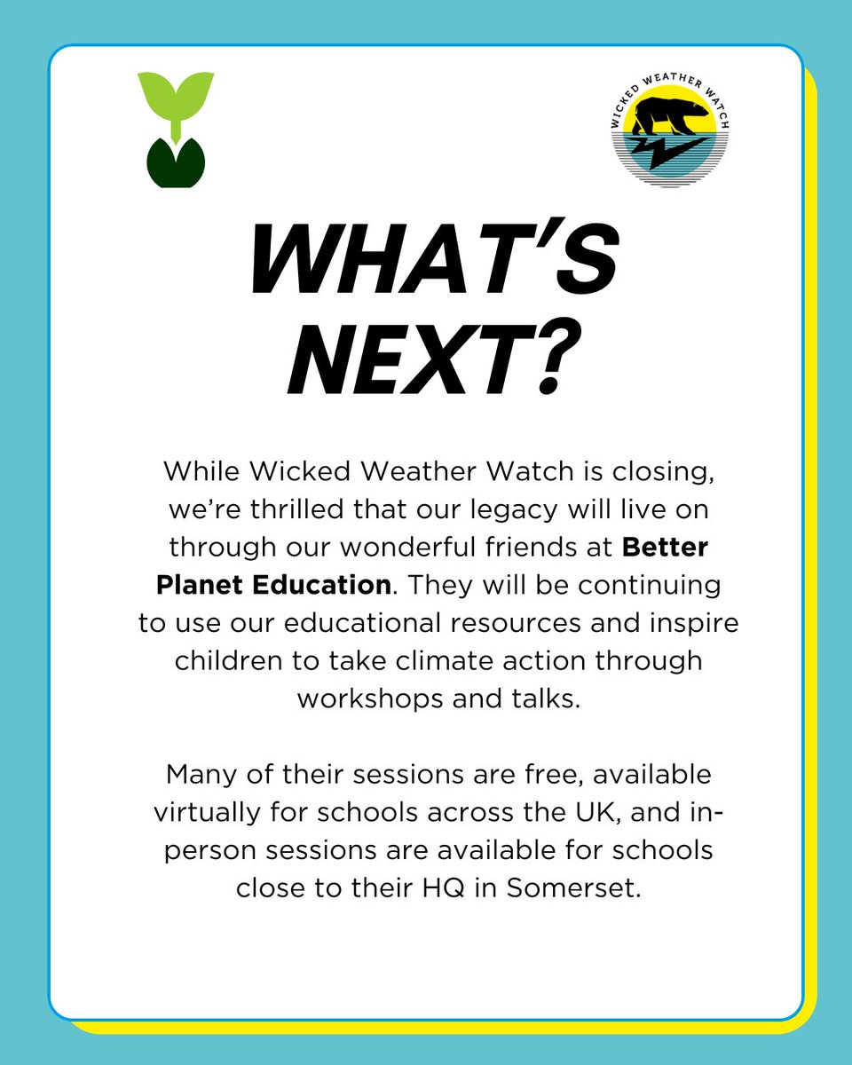 WickedWeather1's tweet image. WWW is closing, but our legacy of climate education will carry on through @BetterPlanetEdu. They've been in the climate education sector for 40+ yrs and have incredible opportunities for schools. Head over to their page for inspiring sessions available for schools across the UK!