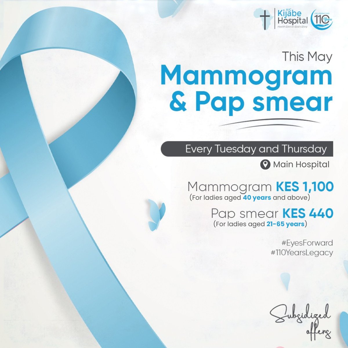 This May, we continue rolling out special offers to help you and your family stay healthy!
Now unveiled:
 ▪️ Mammogram – Kes 1,100 (For ladies aged 40+)
 ▪️ Pap smear – Kes 440 (For ladies aged 21–65)
📍Available every Tuesday &amp; Thursday at the Main Hospital
More offers coming!