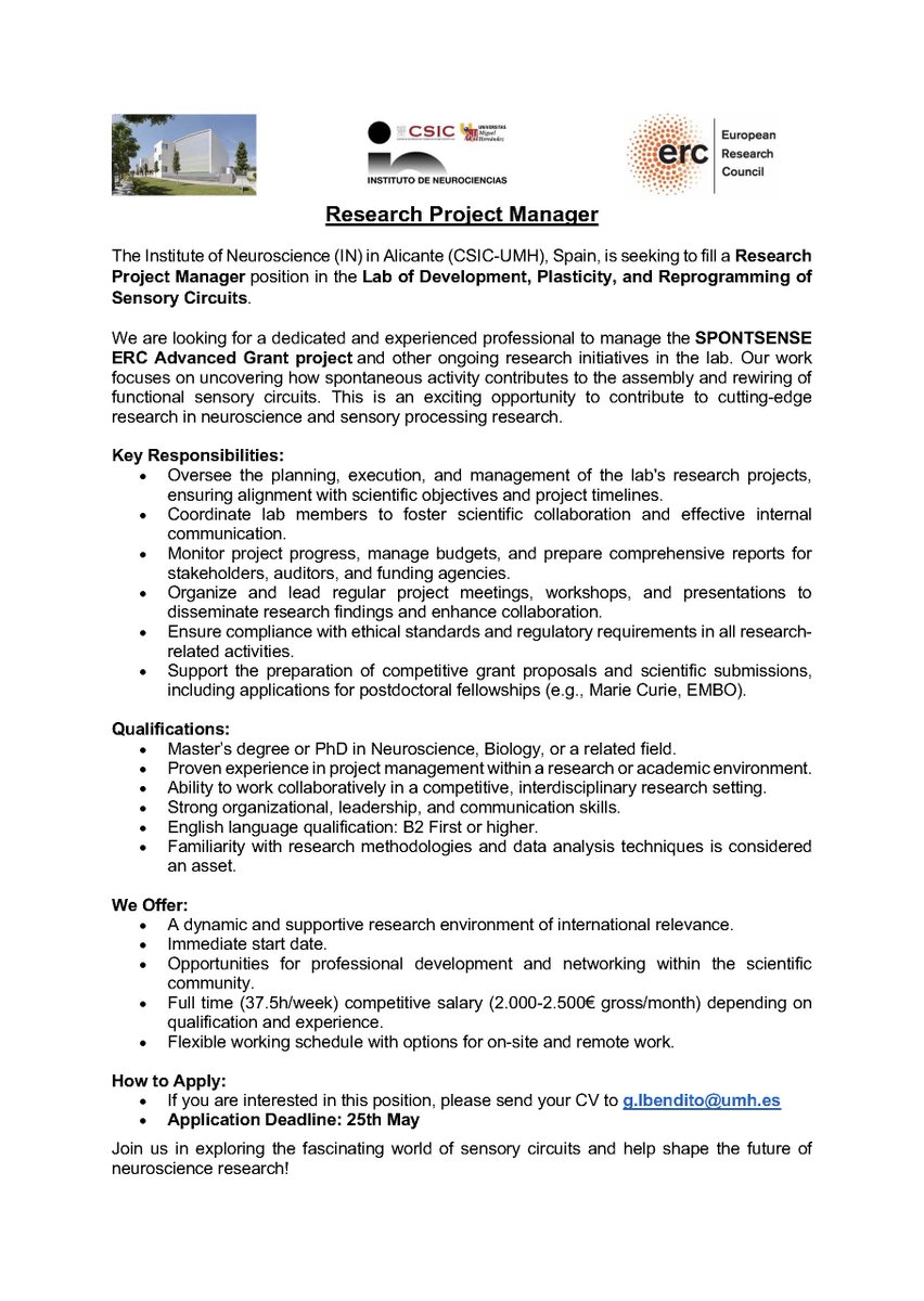 Guille Lopez-Bendito (@guillelbendito) on Twitter photo 🚨 We're hiring! A Research Project Manager position is open in our lab at the Institute of Neuroscience (CSIC-UMH, Alicante)! Join us in exploring how spontaneous activity shapes sensory circuits 🧠✨
📅 Deadline: May 25 <a href="/GLB_Lab/">Lopez_Bendito Lab</a> <a href="/NeuroAlc/">Instituto de Neurociencias UMH-CSIC</a>
#Neuroscience #Jobs #ResearchManager 🚨 We're hiring! A Research Project Manager position is open in our lab at the Institute of Neuroscience (CSIC-UMH, Alicante)! Join us in exploring how spontaneous activity shapes sensory circuits 🧠✨
📅 Deadline: May 25 <a href="/GLB_Lab/">Lopez_Bendito Lab</a> <a href="/NeuroAlc/">Instituto de Neurociencias UMH-CSIC</a>
#Neuroscience #Jobs #ResearchManager
