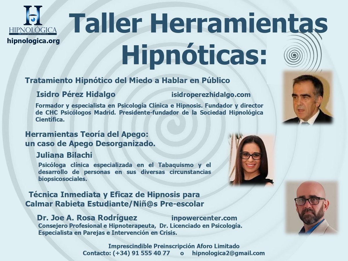 CHCPSICOLOGOS's tweet image. ¡Amplía tus Recursos en Hipnosis Clínica! TALLER PRÁCTICO DE HERRAMIENTAS HIPNÓTICAS PARA PROFESIONALES DE LA SALUD Y ESTUDIANTES. 
🧑‍🧑‍🧒 Presencial
🗓️ 13 y 14 junio 2025 #MADRID
🧾 Certificado Asistencia
📞 (+34) 9155540 77
#Hipnosis #Psicoterapia #Formación #psicologia