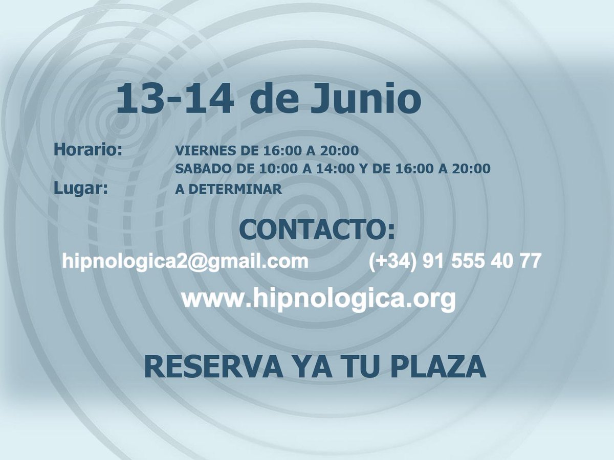 CHCPSICOLOGOS's tweet image. ¡Amplía tus Recursos en Hipnosis Clínica! TALLER PRÁCTICO DE HERRAMIENTAS HIPNÓTICAS PARA PROFESIONALES DE LA SALUD Y ESTUDIANTES. 
🧑‍🧑‍🧒 Presencial
🗓️ 13 y 14 junio 2025 #MADRID
🧾 Certificado Asistencia
📞 (+34) 9155540 77
#Hipnosis #Psicoterapia #Formación #psicologia