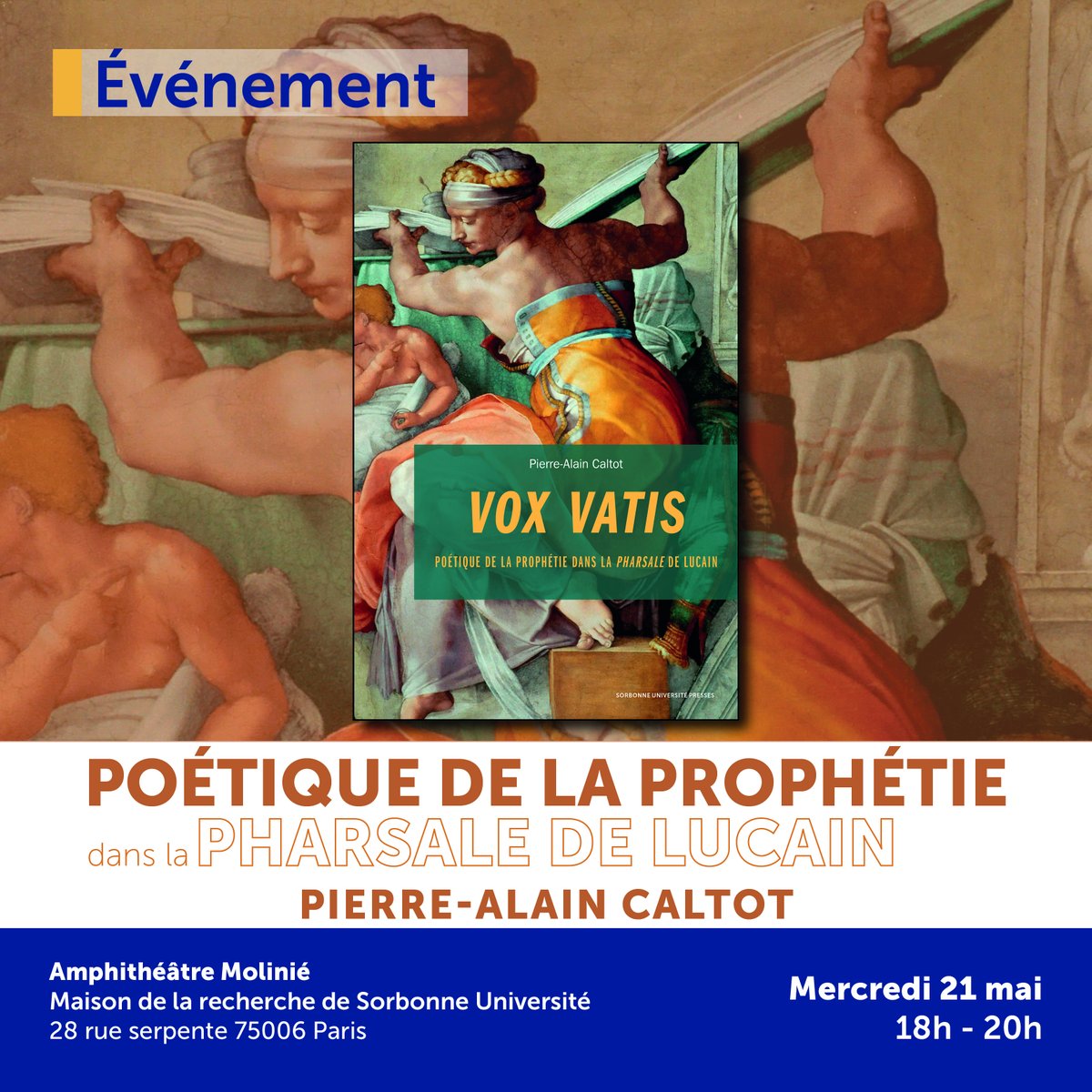 Comment chanter la beauté du mal ? 🏛️
Pierre-Alain Caltot, auteur de "Vox Vatis. Poétique de la prophétie dans la "Pharsale" de Lucain", explorera les enjeux littéraires et politiques de cette œuvre monumentale.
📆 Le mercredi 21 mai
Inscription gratuite bit.ly/4d8XPV4