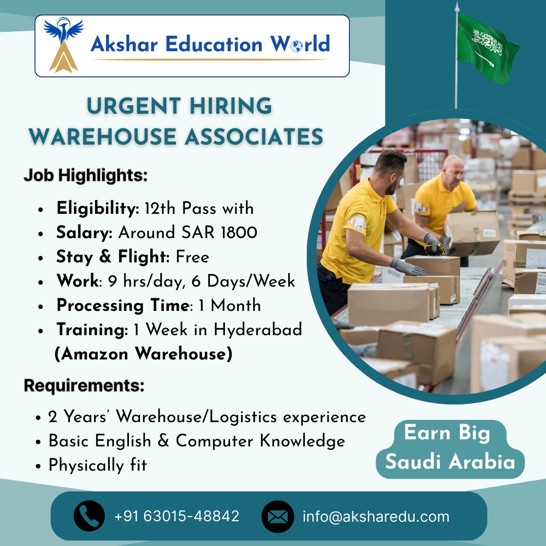 Akshareduworld's tweet photo. Hiring for Saudi Arabia!
Free flight, stay, ₹30K+ salary, Amazon training!

📞 +91 63015-48842 | 📧 info@aksharedu.com

#GulfJobs #12thPassJobs #SaudiHiring https://t.co/l6J192SxAl