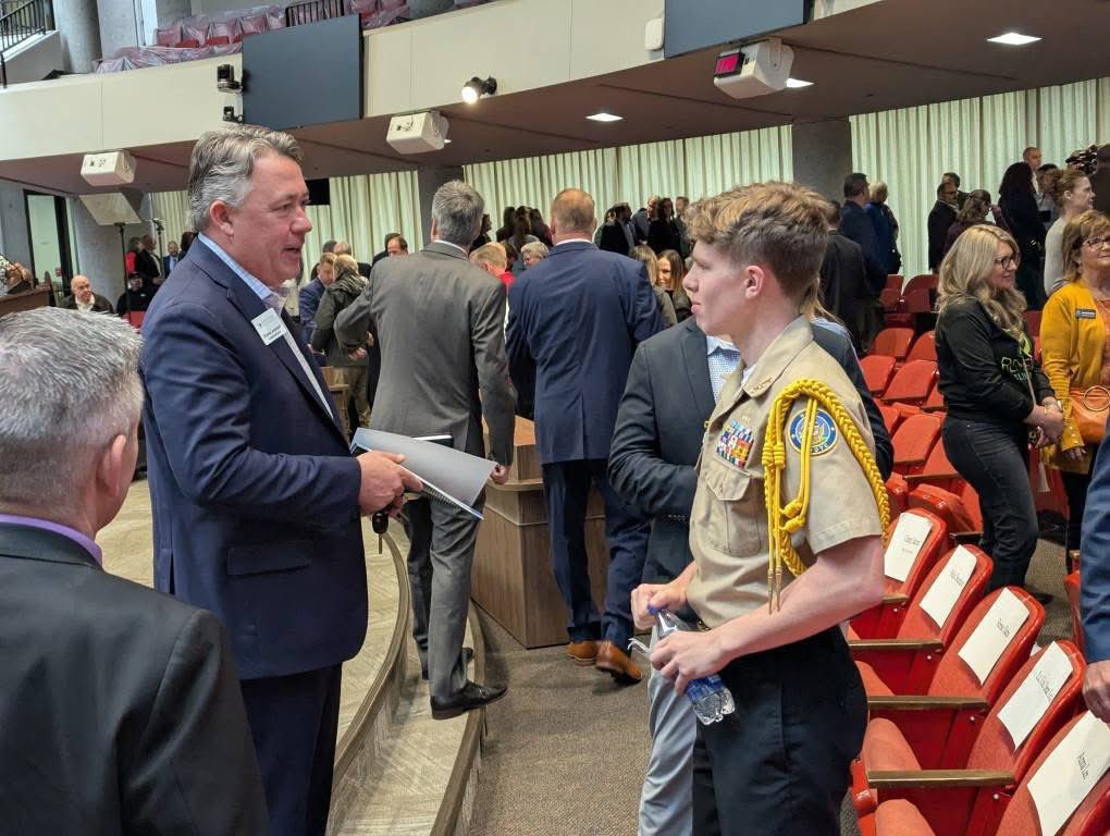 Reese Sams, West Navy JROTC, leading the Pledge of Allegiance at Mayor Jacobs annual Budget Proposal yesterday at the city/County Building. Last official ceremony for Cadet Sams, as Leader of our Program.