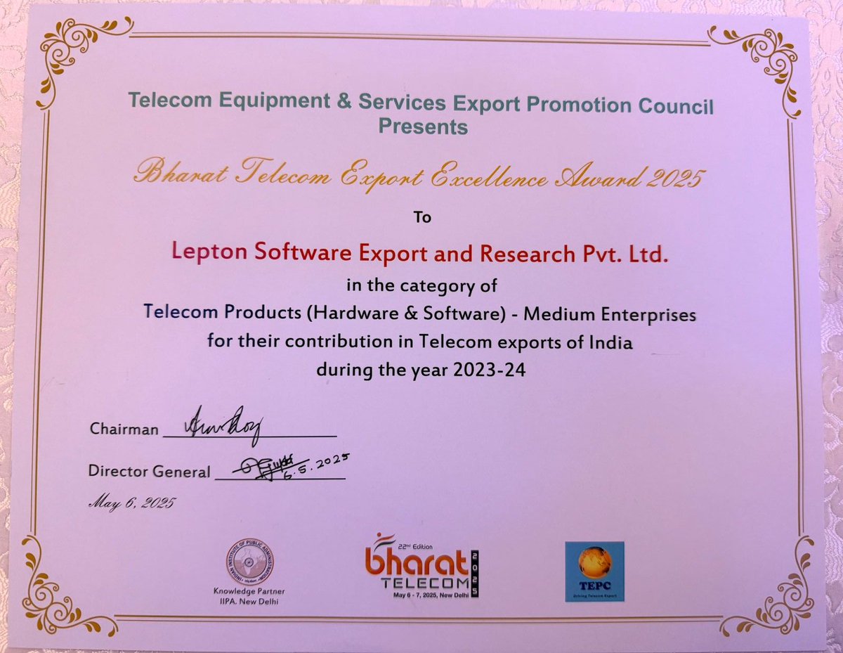 leptonsoftware's tweet image. Proud moment!  @leptonsoftware  wins the Bharat Telecom Export Excellence Award 2025 (@NewTepc) in Telecom Products – Medium Enterprises.

Recognized for global impact in #FTTX, network ops &amp;amp; AI-powered geospatial + digital twin tech.

#BharatTelecom2025 #LeptonSoftware