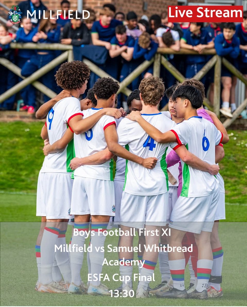 ‼️LIVESTREAM: watch Milllfield Football live in the ESFA Finals today 🏆
🗓️Tuesday 6th May
⏰1.30m
⏯️ tinyurl.com/yd7xbuky