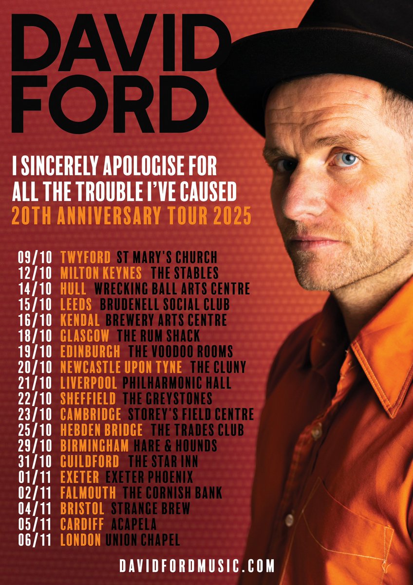 🌟<a href="/davidfordisdead/">david ford</a> kicks off UK tour in #Hampshire at St Mary's Church Twyford

Many dates sold out, for good reason! He's celebrating 20yrs of critically acclaimed album 'I Sincerely Apologise For All The Trouble I've Caused'.

5 months today - Thur 9 Oct
seetickets.com/promoter/mm/20…