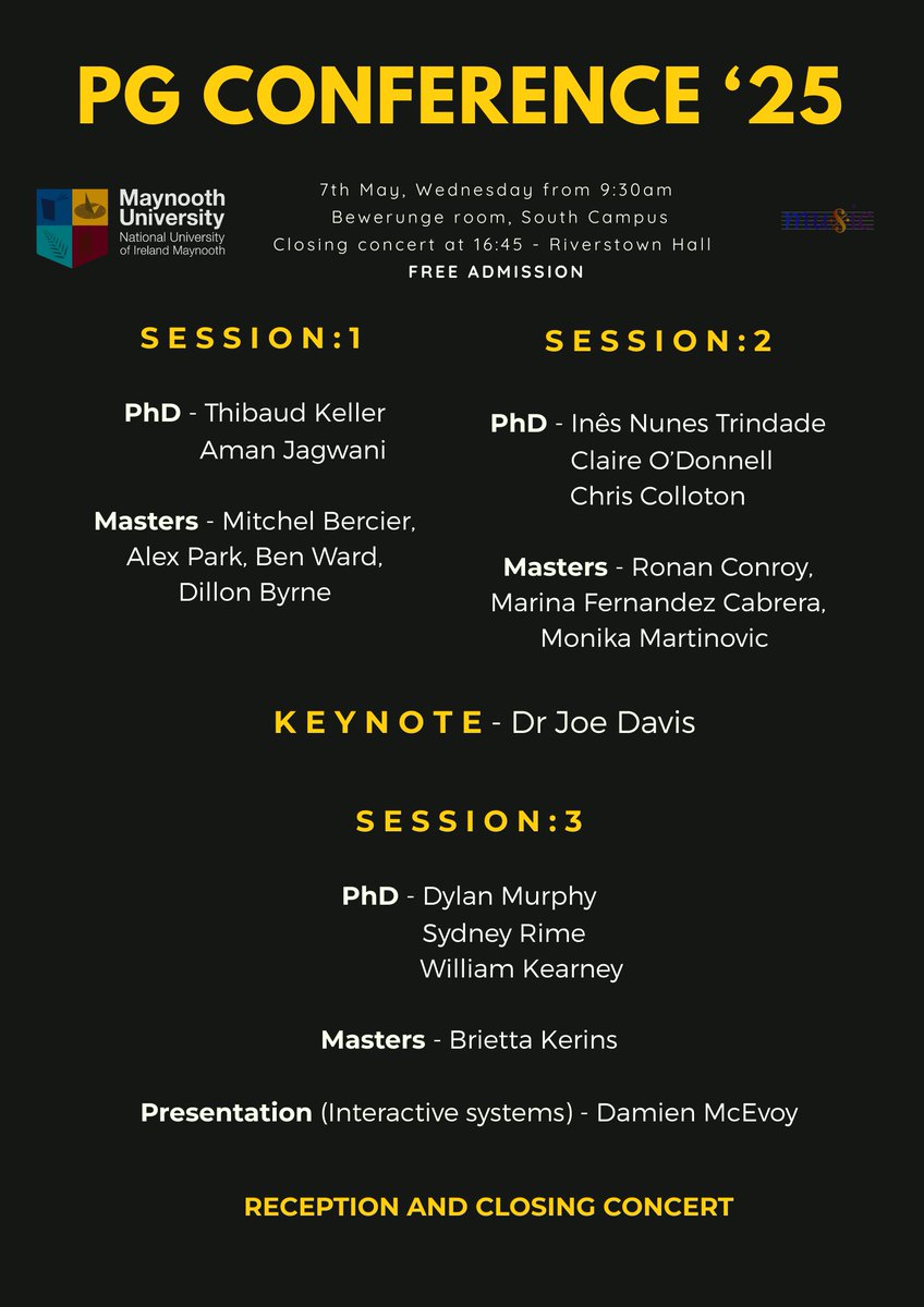 MU Music (@musicmaynooth) on Twitter photo Join us tomorrow for a showcase of postgraduate research in the Music Department, including papers from our PhD and MA students and concluding with a concert featuring staff and students in the Department.
The full schedule can be found in the link below!
maynoothuniversity.ie/music/events/p… Join us tomorrow for a showcase of postgraduate research in the Music Department, including papers from our PhD and MA students and concluding with a concert featuring staff and students in the Department.
The full schedule can be found in the link below!
maynoothuniversity.ie/music/events/p…