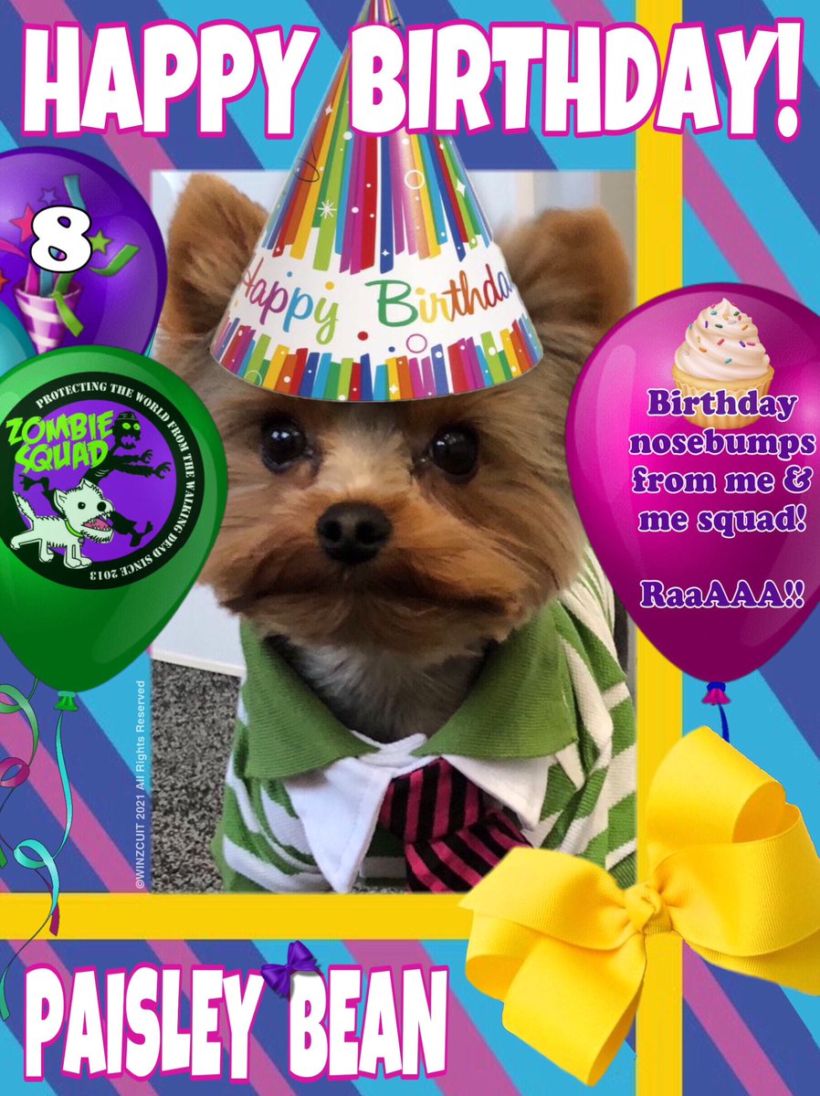 🎂Wishing a very 🎁HAPPY 8th BIRTHDAY🎉 to our pawsome pal, PAISLEY BEAN from Leada Lord Billy &amp; your ZombieSquad pals.🎈 We hope your special day is full of tasty treats, belly rubs &amp; cayke, soldyer. RaaAAA!
❤️💛🎂🎁🎈🎉
<a href="/BeanPaisley/">Granna and Paisley Bean 🇺🇸</a> <a href="/ZSBirthday/">ZS Birthday🎂🎁🎉</a> #ZSHQ
